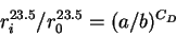 \begin{displaymath}
r_i^{23.5}/r_0^{23.5} = (a/b)^{C_D}
\end{displaymath}