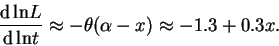 \begin{displaymath}
\frac{{\rm d}\,{\rm ln}L}{{\rm d}\,{\rm ln}t} \approx -\theta(\alpha - x)
\approx -1.3 + 0.3x.
\end{displaymath}